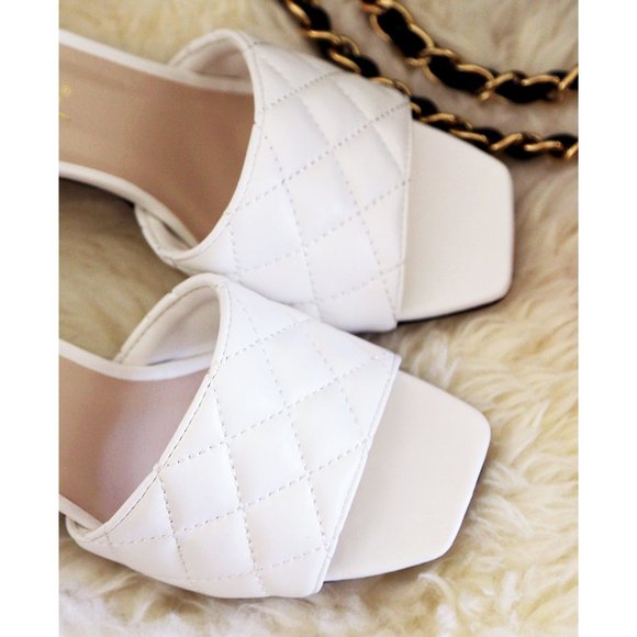 White Quilted Square Toe Heel Mules Sandal Shoes - Picture 9 of 10